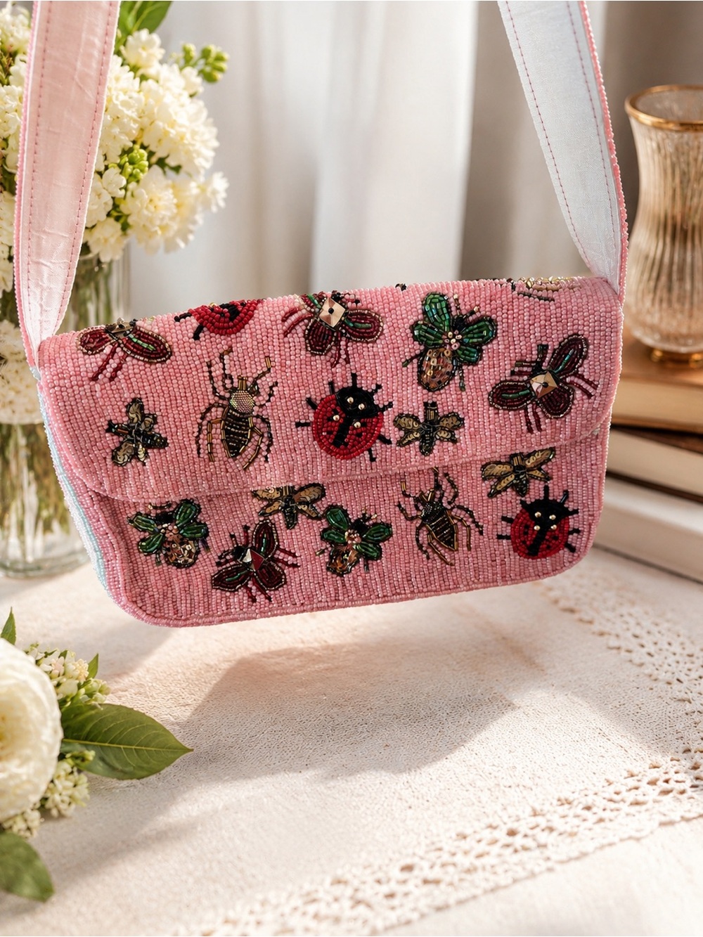 Pink Beaded Bug Embellished Shoulder Bag